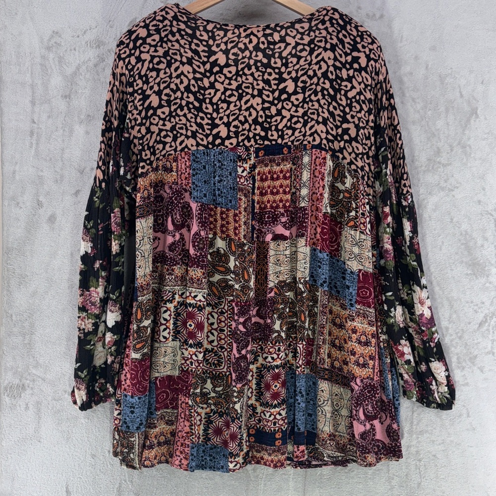 Umgee Mixed Print Patchwork Boho Long Sleeve Dress Size L - Picture 2 of 8